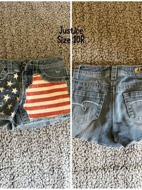 Justice Blue Denim Shorts with Red, White & Blue Flag Patch